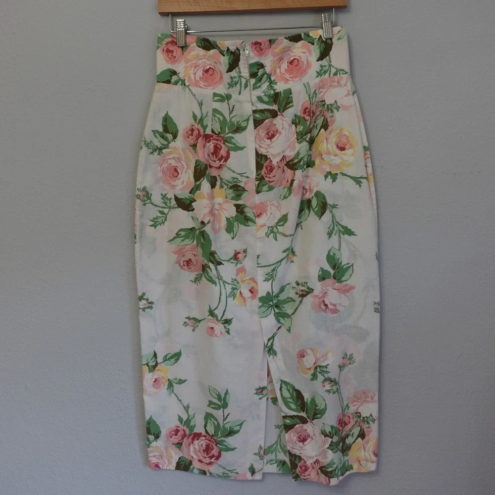 Vtg 90s Rose Print Midi Skirt Women 13 White Floral High Rise Pencil Shabby Chic